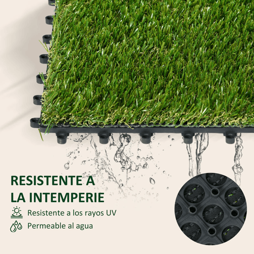 Outsunny Relva Artificial 30x30cm 10 Peças com Altura de 25mm Alta Densidade 11000 Relva Artificial de Encaixe para Exterior Pátio Terraço Verde