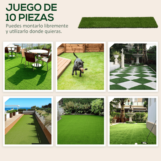 Outsunny Relva Artificial 30x30cm 10 Peças com Altura de 25mm Alta Densidade 11000 Relva Artificial de Encaixe para Exterior Pátio Terraço Verde