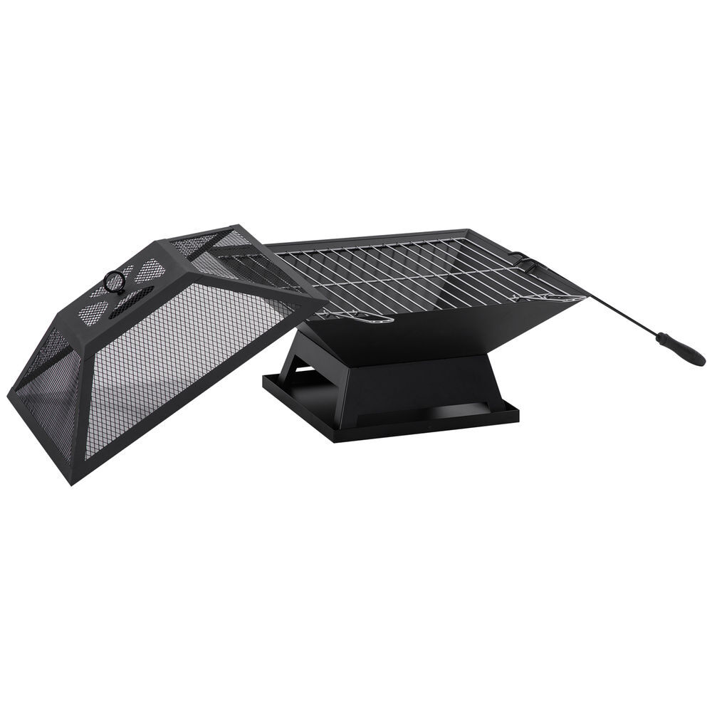 Outsunny brasero exterior de acero pozo de fuego para jardín multifuncional con protector de chispas y atizador para barbacoa hogueras en terraza camping 45x45x34 cm negro