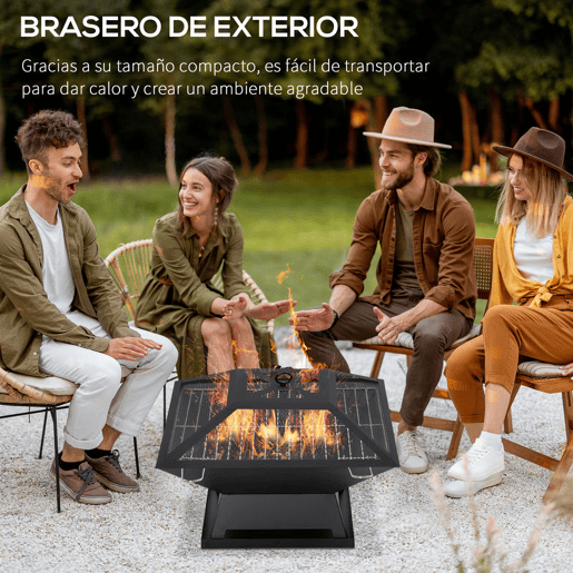 Outsunny Braseiro Exterior de Aço Braseiro para Jardim Multifuncional com Tampa Protetora e Atiçador para Churrascos Fogueiras para Varanda Campismo 45x45x34 cm Preto
