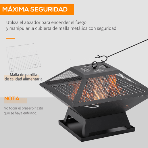 Outsunny Braseiro Exterior de Aço Braseiro para Jardim Multifuncional com Tampa Protetora e Atiçador para Churrascos Fogueiras para Varanda Campismo 45x45x34 cm Preto