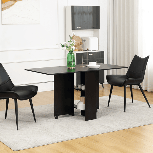 HOMCOM Mesa de Cozinha Dobrável Mesa de Madeira com 2 Prateleiras de Armazenamento e Laterais Dobráveis Estilo Moderno para Sala de Estar 75x140x74 cm Preto
