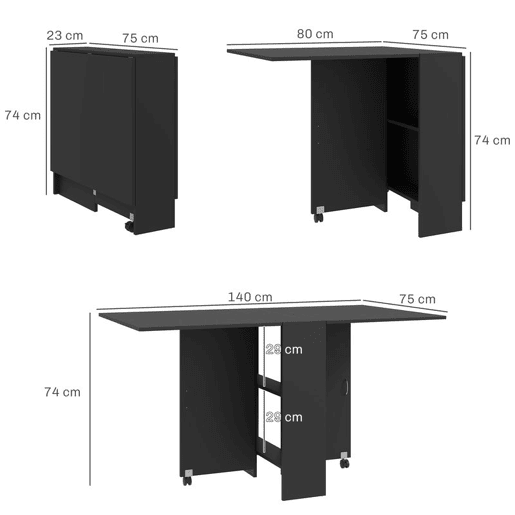 HOMCOM Mesa de Cozinha Dobrável Mesa de Madeira com 2 Prateleiras de Armazenamento e Laterais Dobráveis Estilo Moderno para Sala de Estar 75x140x74 cm Preto