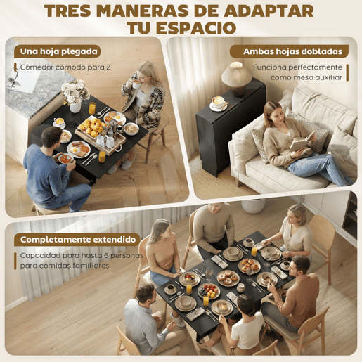 HOMCOM Mesa de Cozinha Dobrável Mesa de Madeira com 2 Prateleiras de Armazenamento e Laterais Dobráveis Estilo Moderno para Sala de Estar 75x140x74 cm Preto