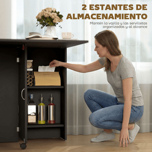 HOMCOM Mesa de Cozinha Dobrável Mesa de Madeira com 2 Prateleiras de Armazenamento e Laterais Dobráveis Estilo Moderno para Sala de Estar 75x140x74 cm Preto