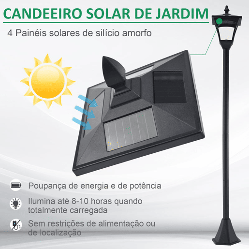 Outsunny Poste de Luz Solar para Jardim com Painel Automático, Estrutura em Aço Inoxidável e Proteção IP44 para Terraço e Pátio, 18x18x160 cm, Preto