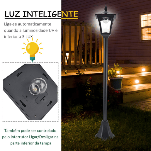 Outsunny Poste de Luz Solar para Jardim com Painel Automático, Estrutura em Aço Inoxidável e Proteção IP44 para Terraço e Pátio, 18x18x160 cm, Preto
