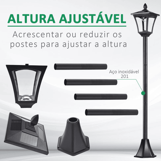 Outsunny Poste de Luz Solar para Jardim com Painel Automático, Estrutura em Aço Inoxidável e Proteção IP44 para Terraço e Pátio, 18x18x160 cm, Preto
