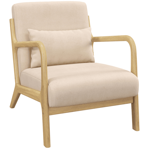 HOMCOM Poltrona Sala de Estar Nórdica Poltrona Individual Acolchoada com Apoio para os Braços e Estrutura de Madeira de Borracha para Dormitório Carga 120 kg 61x78x76 cm Bege