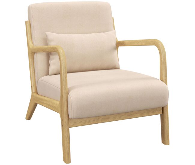 Homcom butaca de salón butaca nórdica sillón de salón con reposabrazos cojín y marco de madera de caucho para dormitorio carga 120 kg 61x78x76 cm beige