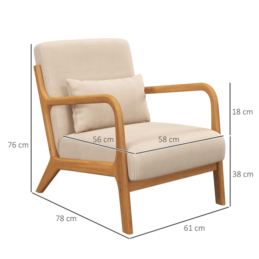 HOMCOM Poltrona Sala de Estar Nórdica Poltrona Individual Acolchoada com Apoio para os Braços e Estrutura de Madeira de Borracha para Dormitório Carga 120 kg 61x78x76 cm Bege