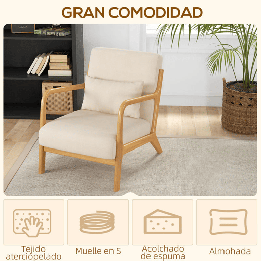 HOMCOM Poltrona Sala de Estar Nórdica Poltrona Individual Acolchoada com Apoio para os Braços e Estrutura de Madeira de Borracha para Dormitório Carga 120 kg 61x78x76 cm Bege