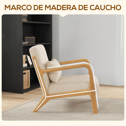 HOMCOM Poltrona Sala de Estar Nórdica Poltrona Individual Acolchoada com Apoio para os Braços e Estrutura de Madeira de Borracha para Dormitório Carga 120 kg 61x78x76 cm Bege