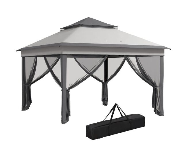 Outsunny carpa plegable 3x3x2,7 m cenador de jardín con doble techo altura ajustable 4 mosquiteras protección uv30+ impermeable y bolsa gazebo para exterior fiestas camping gris