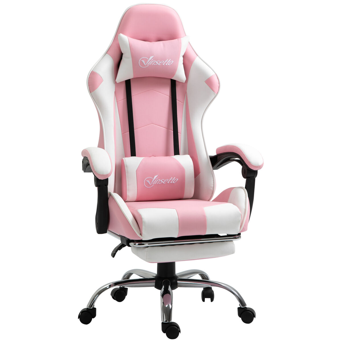 Vinsetto silla gaming reclinable silla gamer giratoria con reposacabezas reposapiés cojín lumbar altura ajustable para oficina estudio 64x67x119-127 cm rosa