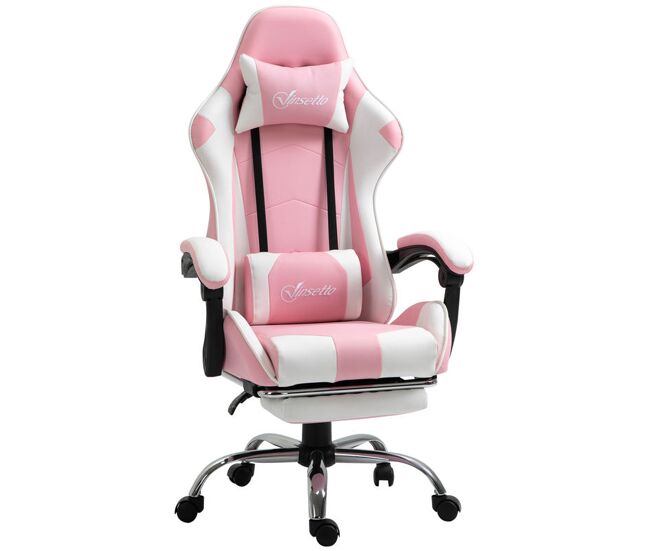 Vinsetto silla gaming reclinable silla gamer giratoria con reposacabezas reposapiés cojín lumbar altura ajustable para oficina estudio 64x67x119-127 cm rosa