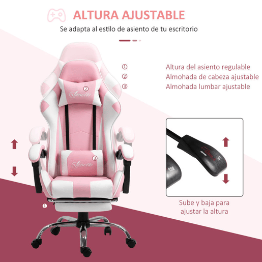 Vinsetto Cadeira de Gaming Reclinável Cadeira Gaming Giratória com Apoio para a Cabeça Apoio para os Pés Almofada Lombar Altura Ajustável para Escritório Estúdio 64x67x119-127 cm Rosa