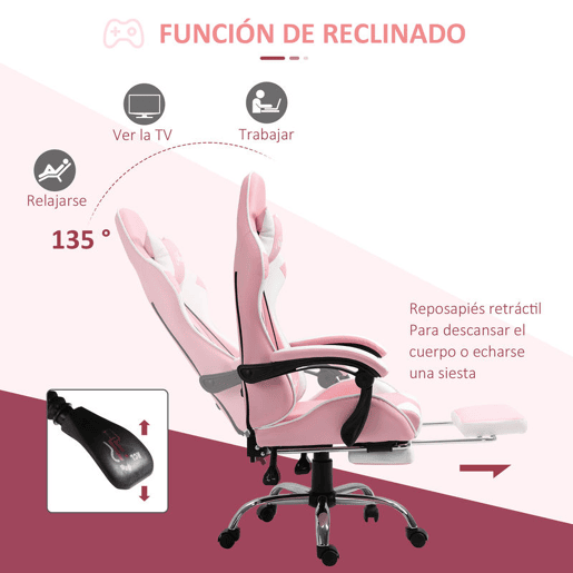 Vinsetto Cadeira de Gaming Reclinável Cadeira Gaming Giratória com Apoio para a Cabeça Apoio para os Pés Almofada Lombar Altura Ajustável para Escritório Estúdio 64x67x119-127 cm Rosa