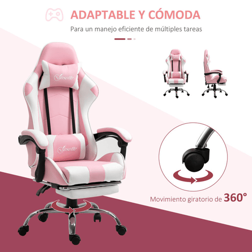 Vinsetto Cadeira de Gaming Reclinável Cadeira Gaming Giratória com Apoio para a Cabeça Apoio para os Pés Almofada Lombar Altura Ajustável para Escritório Estúdio 64x67x119-127 cm Rosa