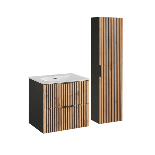 Conjunto móvel lavatório individual 60 cm com coluna Gaia Madeira e Preto