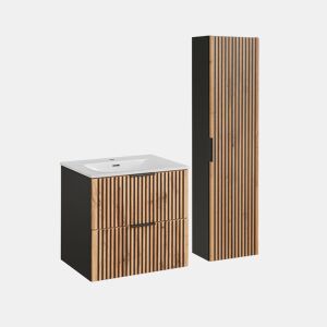Conjunto móvel lavatório individual 60 cm com coluna Gaia Madeira e Preto