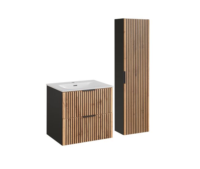 Conjunto mueble lavabo individual encastrado 60 cm y columna gaia madera y negro