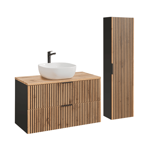 Conjunto Móvel Lavatório Individual 100cm e Coluna Gaia Madeira e Preto