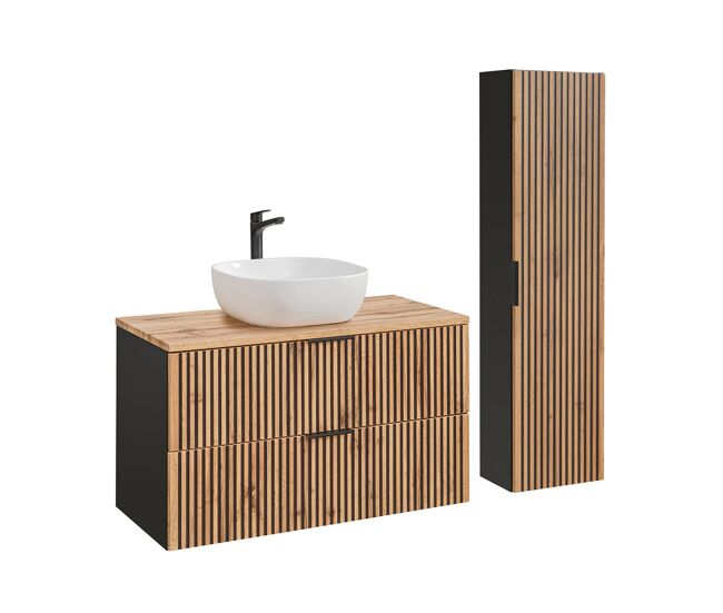 Conjunto mueble lavabo individual 100 cm y columna gaia madera y negro