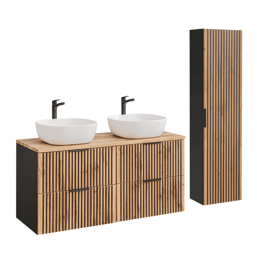 Conjunto móvel lavatório duplo 120cm e coluna Gaia Madeira Conjunto móvel lavatório duplo 120cm e coluna Gaia Madeira