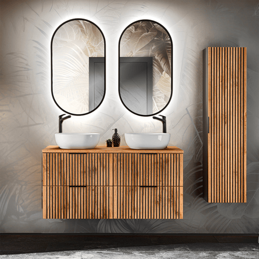 Conjunto móvel lavatório duplo 120cm e coluna Gaia Madeira Conjunto móvel lavatório duplo 120cm e coluna Gaia Madeira