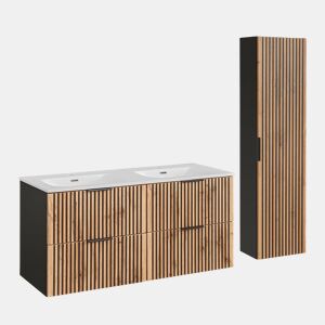 Conjunto móvel lavatório duplo encastrado 120cm e coluna Gaia Madeira