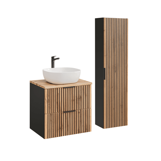 Conjunto Móvel Lavatório Simples 60cm e Coluna Gaia Madeira e Preto