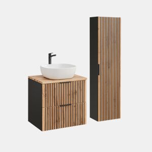 Conjunto Móvel Lavatório Simples 60cm e Coluna Gaia Madeira e Preto