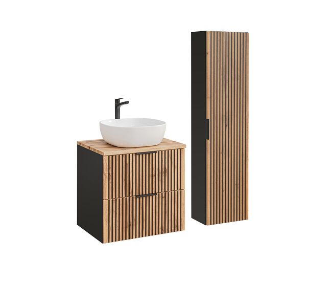 Conjunto mueble lavabo individual 60 cm y columna gaia madera y negro