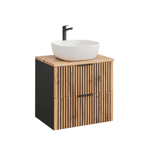 Conjunto Móvel Lavatório Simples 60cm e Coluna Gaia Madeira e Preto