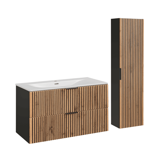 Conjunto Móvel Lavatório Individual 100cm e Coluna Gaia Madeira e Preto