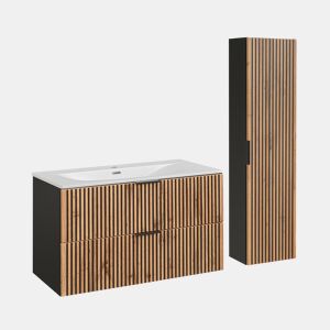 Conjunto Móvel Lavatório Individual 100cm e Coluna Gaia Madeira e Preto