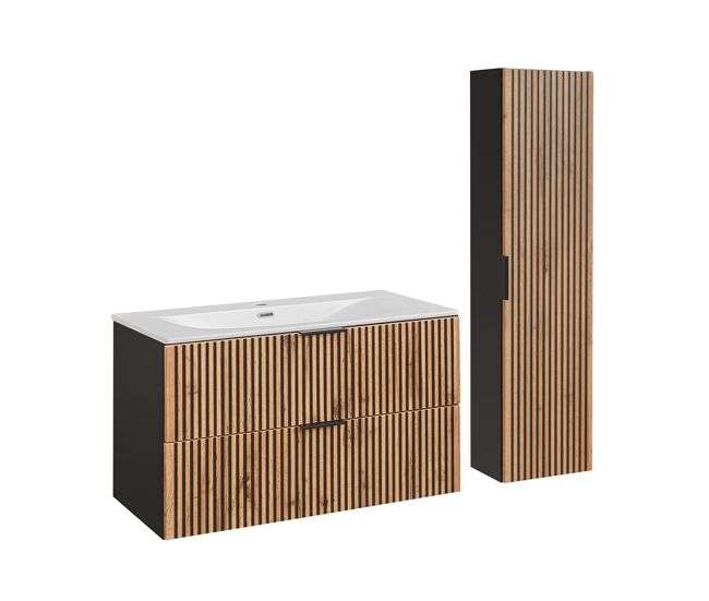 Conjunto mueble lavabo individual encastrado 100 cm y columna gaia madera y negro