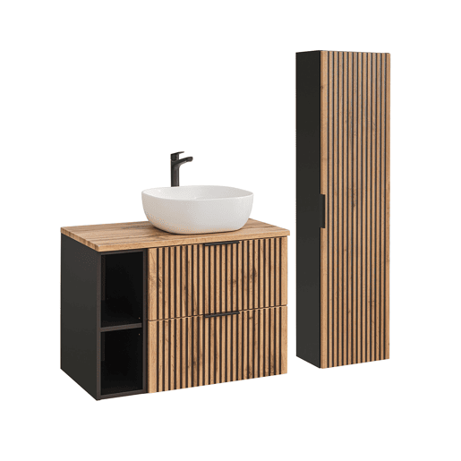 Conjunto móvel lavatório simples 80 cm 2 nichos e coluna Gaia Madeira e Preto