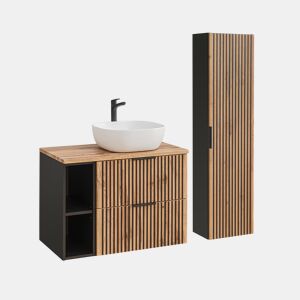 Conjunto móvel lavatório simples 80 cm 2 nichos e coluna Gaia Madeira e Preto