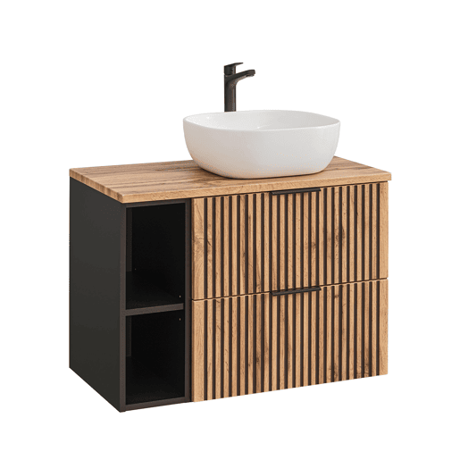 Conjunto móvel lavatório simples 80 cm 2 nichos e coluna Gaia Madeira e Preto