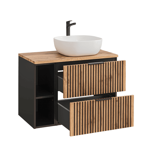 Conjunto móvel lavatório simples 80 cm 2 nichos e coluna Gaia Madeira e Preto