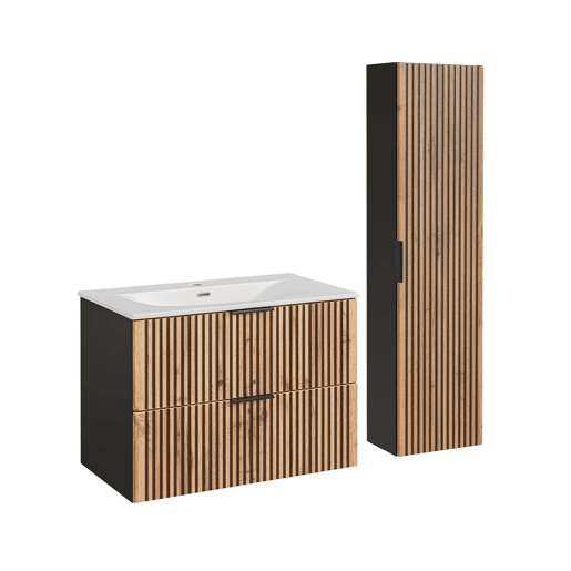 Conjunto Móvel Lavatório Individual 80cm e Coluna Gaia Madeira e Preto