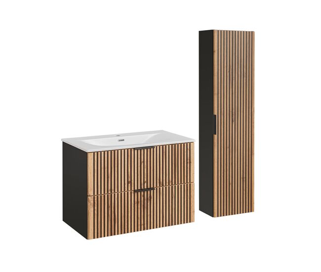Conjunto mueble lavabo individual encastrado 80 cm y columna gaia madera y negro