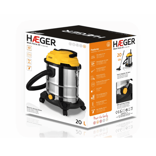 Aspirador de sólidos e líquidos HAEGER Work Force 20 - Em Inox 1200W 20L