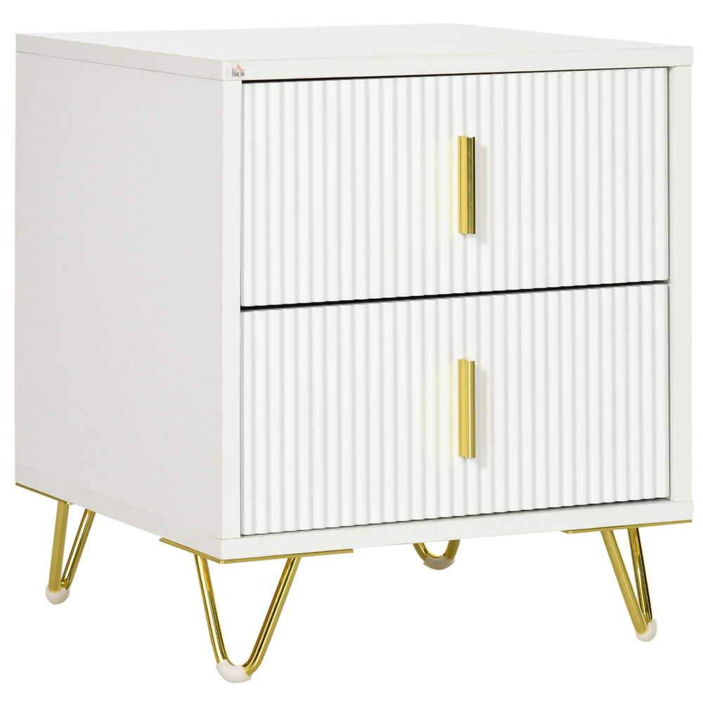 Homcom mesita de noche con 2 cajones mesilla de noche mesita auxiliar con patas de metal para salón dormitorio carga 40 kg 40x40x47 cm blanco