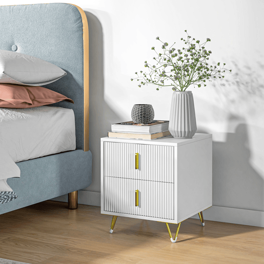 HOMCOM Mesa de Cabeceira com 2 Gavetas Mesa Auxiliar com Pés de Metal para Sala de Estar Dormitório Carga Máxima 40 kg 40x40x47 cm Branco e Dourado