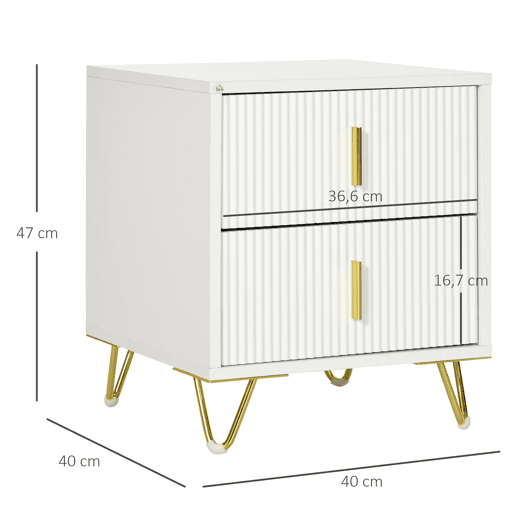 HOMCOM Mesa de Cabeceira com 2 Gavetas Mesa Auxiliar com Pés de Metal para Sala de Estar Dormitório Carga Máxima 40 kg 40x40x47 cm Branco e Dourado