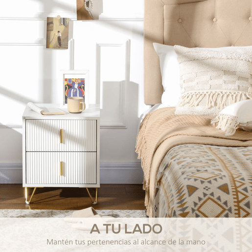HOMCOM Mesa de Cabeceira com 2 Gavetas Mesa Auxiliar com Pés de Metal para Sala de Estar Dormitório Carga Máxima 40 kg 40x40x47 cm Branco e Dourado