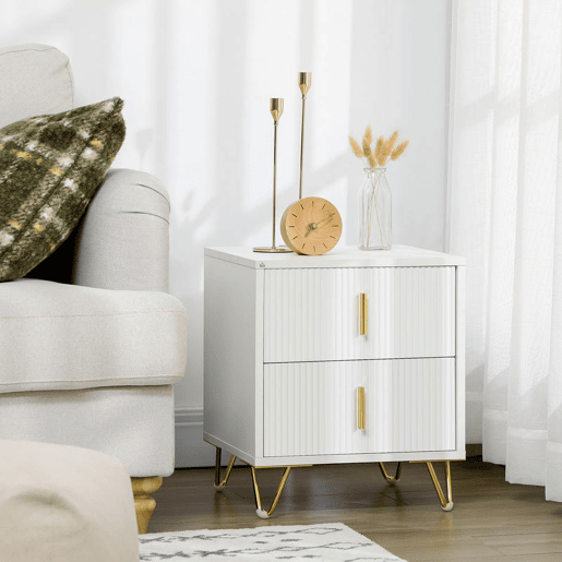 HOMCOM Mesa de Cabeceira com 2 Gavetas Mesa Auxiliar com Pés de Metal para Sala de Estar Dormitório Carga Máxima 40 kg 40x40x47 cm Branco e Dourado